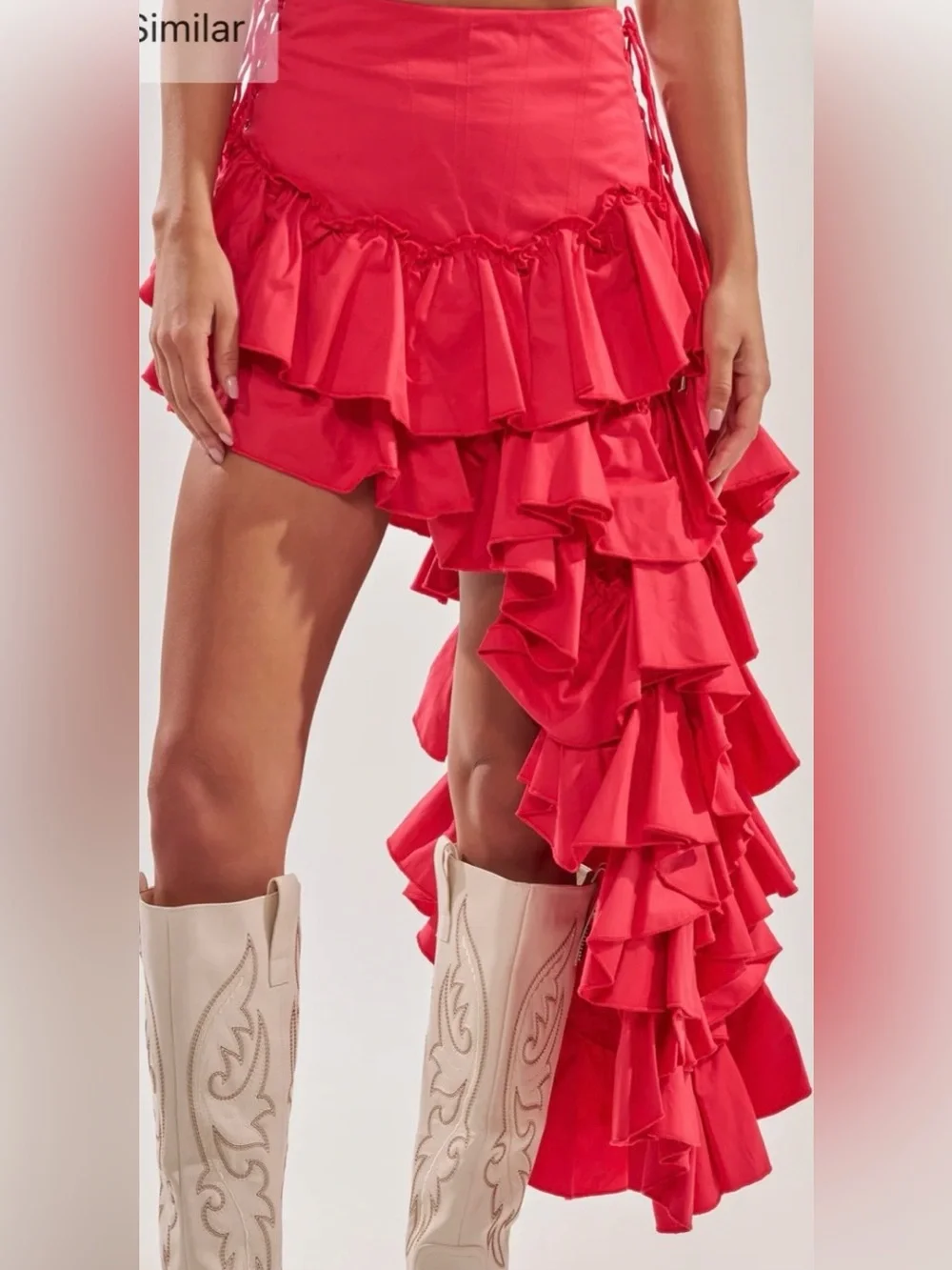 CLAIRE HIGH LOW RUFFLE SKIRT IN RED - Picture 3 of 5